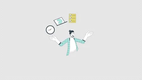 Happy caucasian man handling with multiple tasks line 2D character animation Stock Footage 301241385