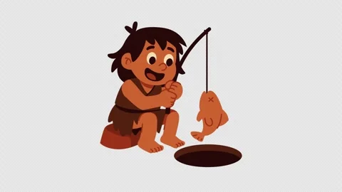 Happy Caveboy Character Catching A Fish Stock Footage 325514930