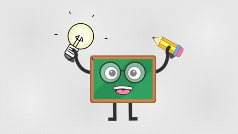 Happy chalkboard character with a light bulb and a pencil icon in a cartoon Stock Footage 315986754