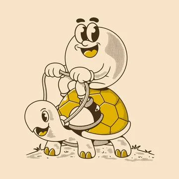 Happy character riding cute turtle with joyful smile Stock Illustration