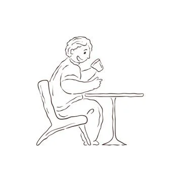 A happy character sits at a table, enjoying a moment of peace with a warm bev Иллюстрация