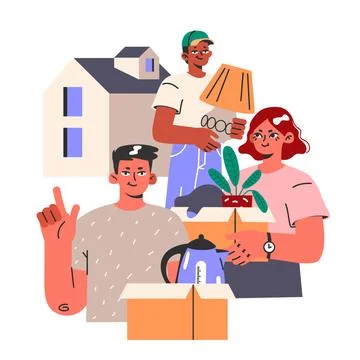 Happy characters moving into or out of house. People holding boxes 스톡 일러스트