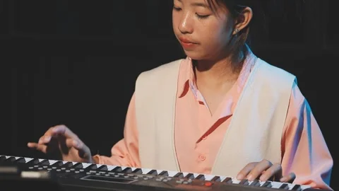 Happy cheerful pretty smiling of young Asian woman vocalist Wearing Headpho.. Stock Footage 293113807