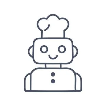 Happy chef robot icon. A hand-drawn robot wearing a chef hat with a smile, .. Stock Illustration