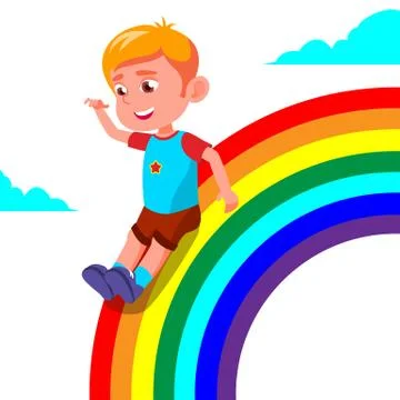 Happy Child Boy Rolling Down The Rainbow Vector. Illustration Stock Illustration