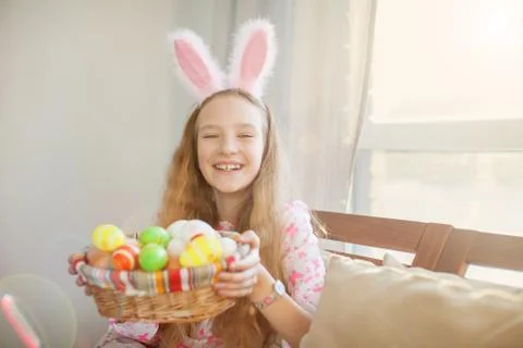Happy child with easter eggs Stock Photos