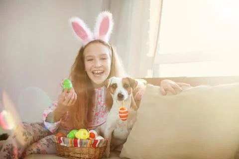 Happy child with easter eggs Stock Photos