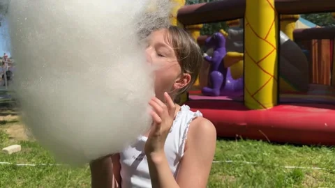 A happy child eats sweet cotton candy at an amusement park on a summer day, Stock Footage 244326434