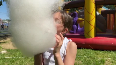 A happy child eats sweet cotton candy at an amusement park on a summer day, Stock Footage 244660229