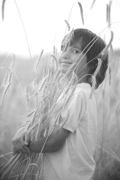 Happy child at harvest field Foto stock