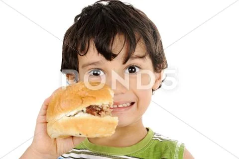 Happy child holding hamburger isolated Stock Photos