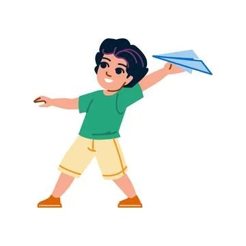 Happy child playing and throwing paper airplane in the air Stock Illustration