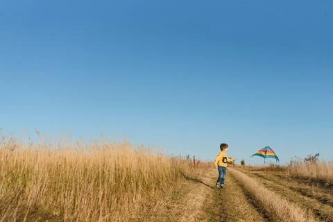 Happy child playing with a kite while running on meadow, sunset, in summer .. Stock Photos