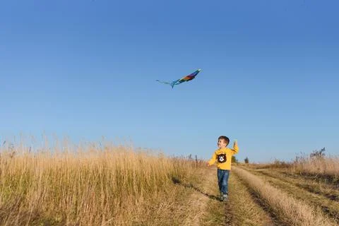 Happy child playing with a kite while running on meadow, sunset, in summer .. Stock Photos