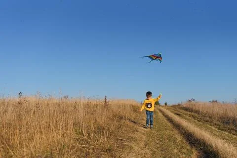 Happy child playing with a kite while running on meadow, sunset, in summer .. Stock Photos