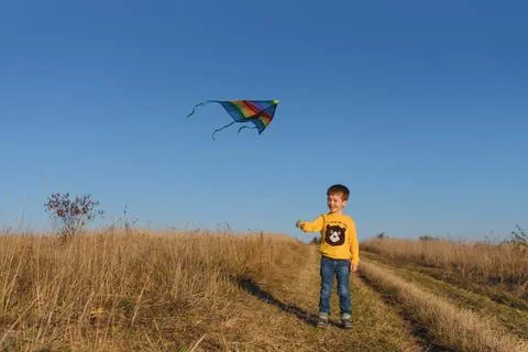 Happy child playing with a kite while running on meadow, sunset, in summer .. Stock Photos