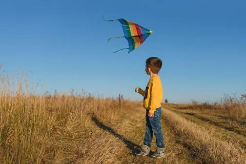 Happy child playing with a kite while running on meadow, sunset, in summer .. Stock Photos