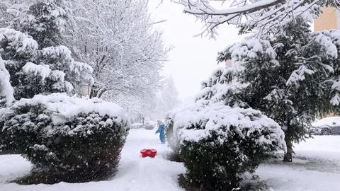 Happy child pulling red sled through snowy winter park Foto stock