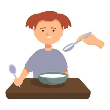Happy child sitting at table and holding spoon getting fed by parent Stock Illustration
