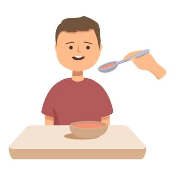 Happy child sitting at table and eating soup being fed by adult hand holding Stock Illustration