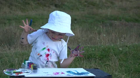 Happy child, smiling clapping hands, dirty face, hands, clothes 4k  Stock Footage 46212622