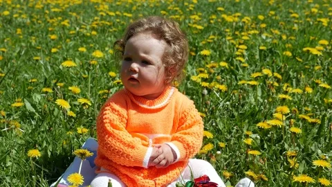 Happy child in a spring glade in dandelions with his family Stock Footage 76234548