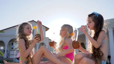 Happy childhood of Small sisters, Summer weekend of Beautiful kids of Rich Stock Footage