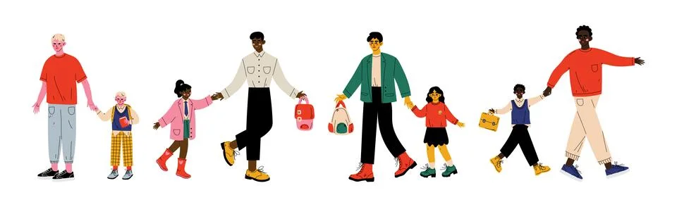 Happy Children with Backpack Going to Elementary or Middle School with Parent Stock Illustration