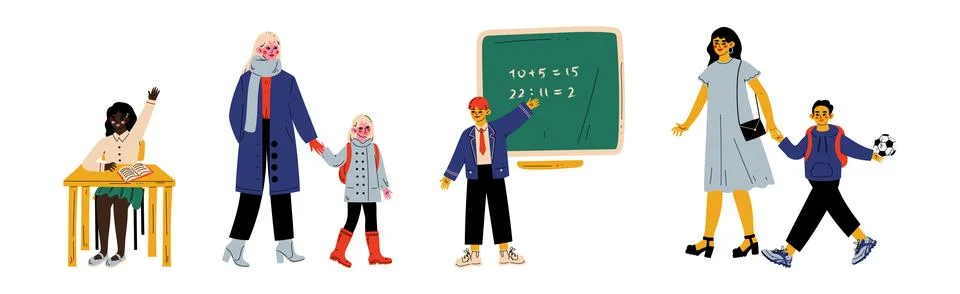Happy Children with Backpack Going to Elementary or Middle School with Parent Stock Illustration