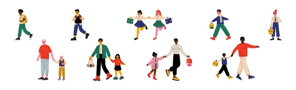 Happy Children with Backpack Going to Elementary or Middle School with Parent Stock Illustration