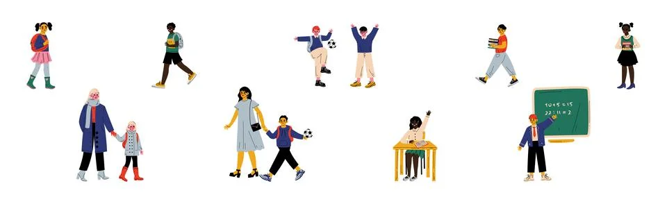 Happy Children with Backpack Going to Elementary or Middle School with Parent Stock Illustration