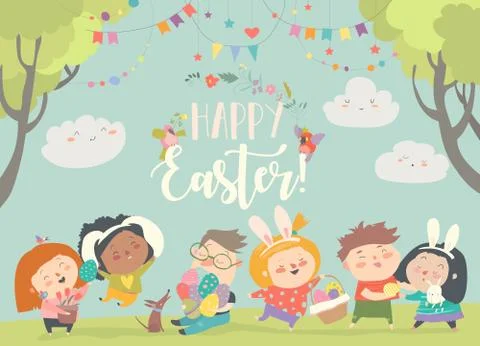 Happy children celebrating Easter in the forest Stock Illustration