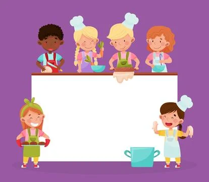 Happy Children Chef Cooking Empty Card Vector Template Stock Illustration