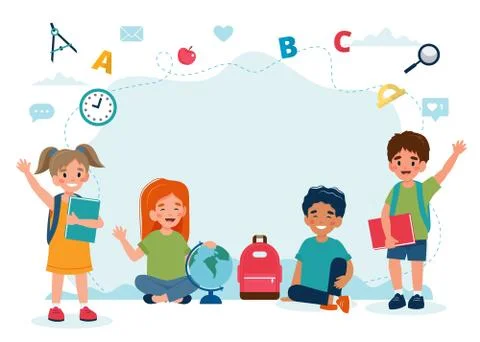 Happy children in class, back to school concept, cute characters. Vector Stock Illustration