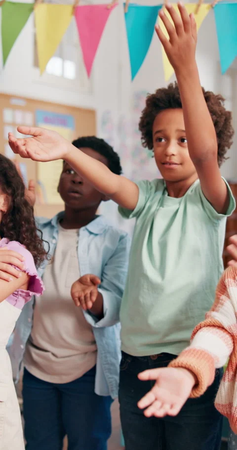Happy children, classroom or dance with teacher or mobility for reaction Stock Footage 307996132