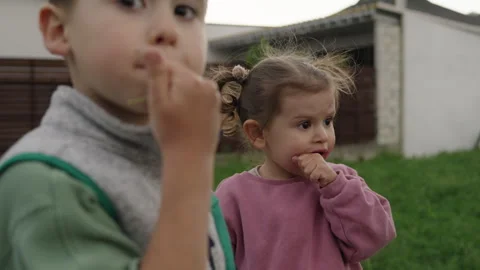 Happy children eating delicious bright juicy berries standing outdoors in the Stock Footage 247032953