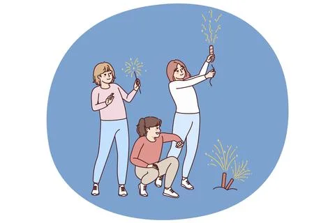 Happy children have fun throwing fireworks outdoors. Smiling girls kids Stock Illustration