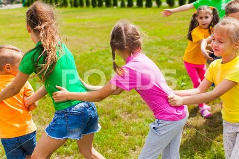Happy children having fun in the summer camp Stock Photos