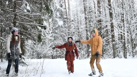 Happy children having fun at winter snowy forest. slow motion Stock Footage 85787986