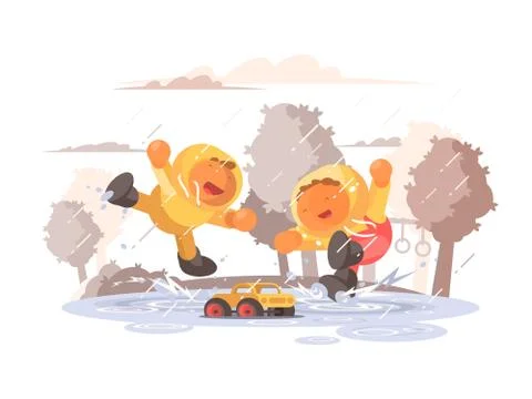 Happy children jumping in puddle Stock Illustration