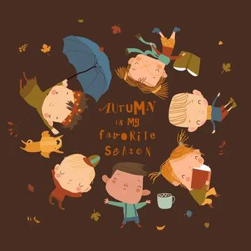 Happy Children lying on Grass. Hello Autumn Stock Illustration