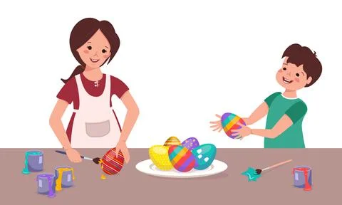 Happy children paint Easter eggs at the table Stock Illustration