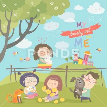 Happy children with pets Stock Illustration