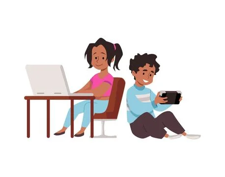 Happy children playing computer games online. Stock Illustration