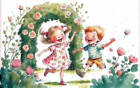 Happy children playing in the garden. Watercolor illustration. Stock Illustration