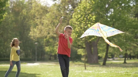 Happy children playing with a kite Stock Footage 103187010