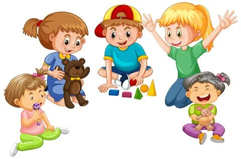 Happy children playing toy on white background Stock Illustration