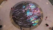 Happy Children Run Around Interactive Floor Display, Animated On Steps Stock Footage