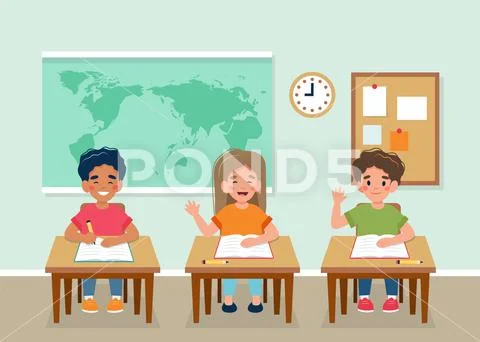 Happy children sitting in class at desks, map behind, back to school concept Stock Illustrationen