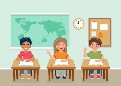 Happy children sitting in class at desks, map behind, back to school concept Stock Illustration